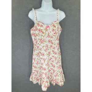 SHEIN Floral‎ Babydoll Dress M Lace Trim Ruffle Hem Pink Bow Coquette Romantic
